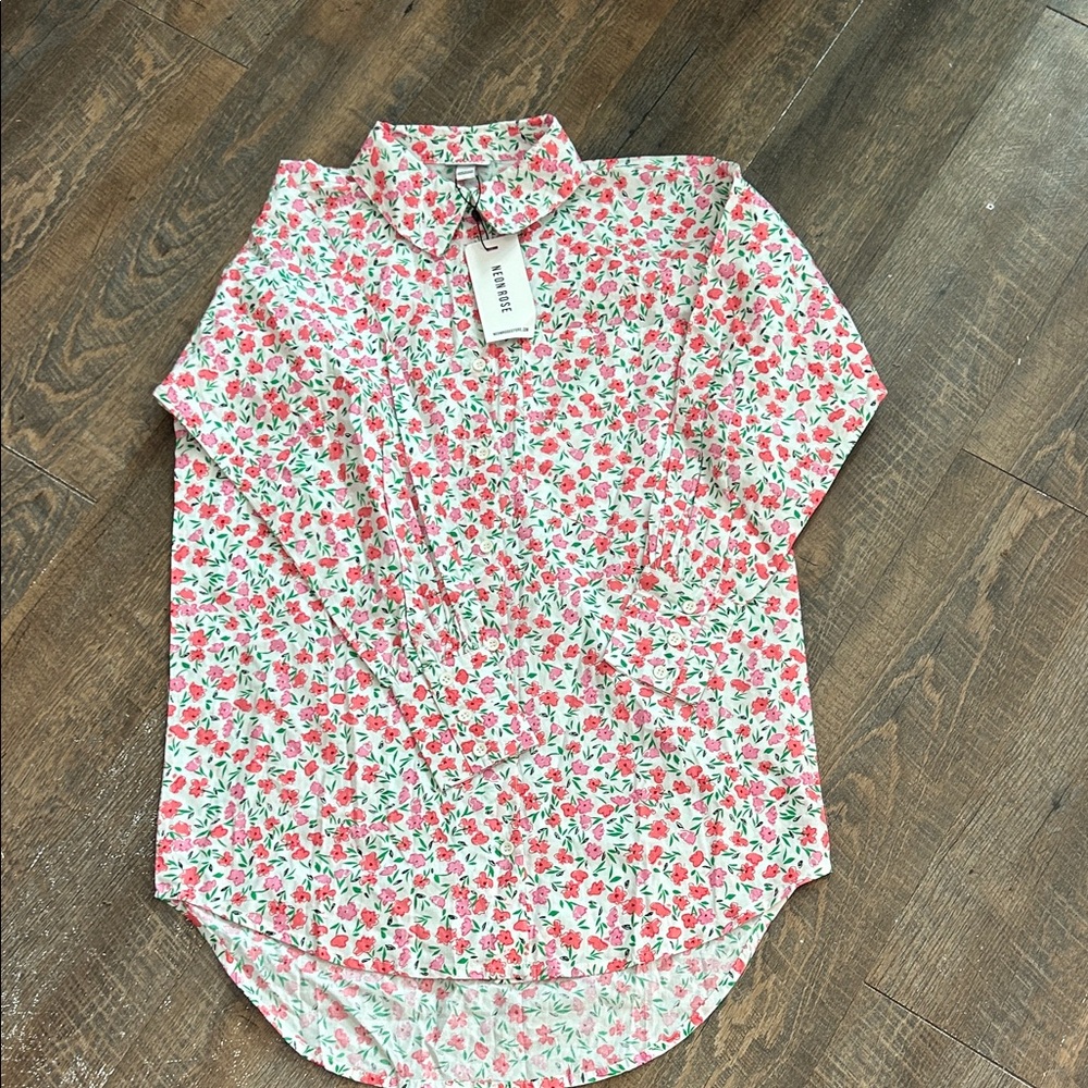 NEW Neon Rose oversized‎ dad shirt in pink ditsy floral Size XSmall Cottagecore